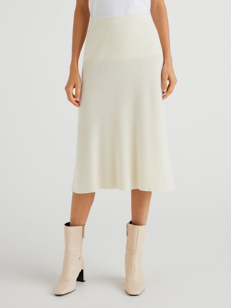 Creamy White Women\'s Benetton Linen Blend Midi Skirts | AU458304