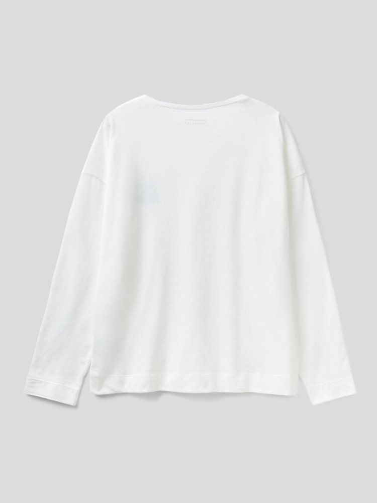 Creamy White Women's Benetton Pocket Long Fiber Cotton T Shirts | AU378367