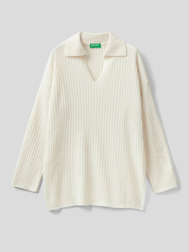 Creamy White Women's Benetton Polo-style Ribbed V-neck Sweaters | AU843087