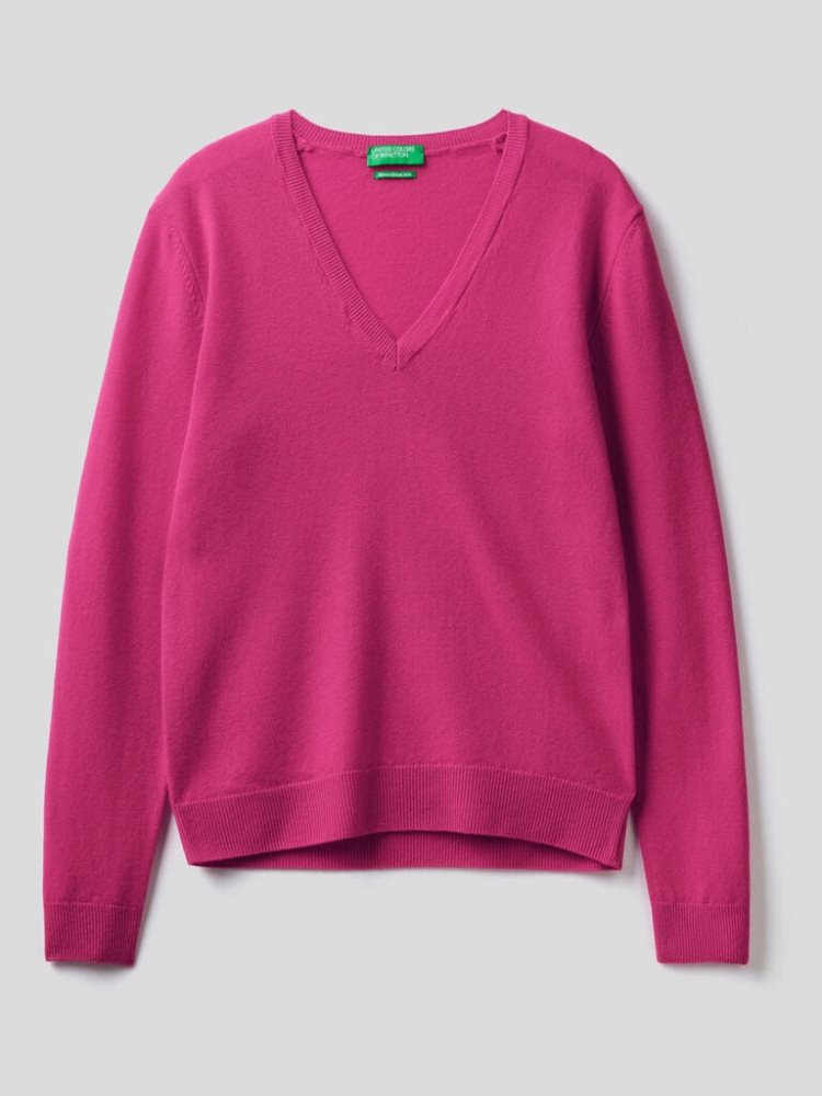 Cyclamen Women's Benetton Cyclamen V-neck Pure Merino Wool Sweaters | AU995066