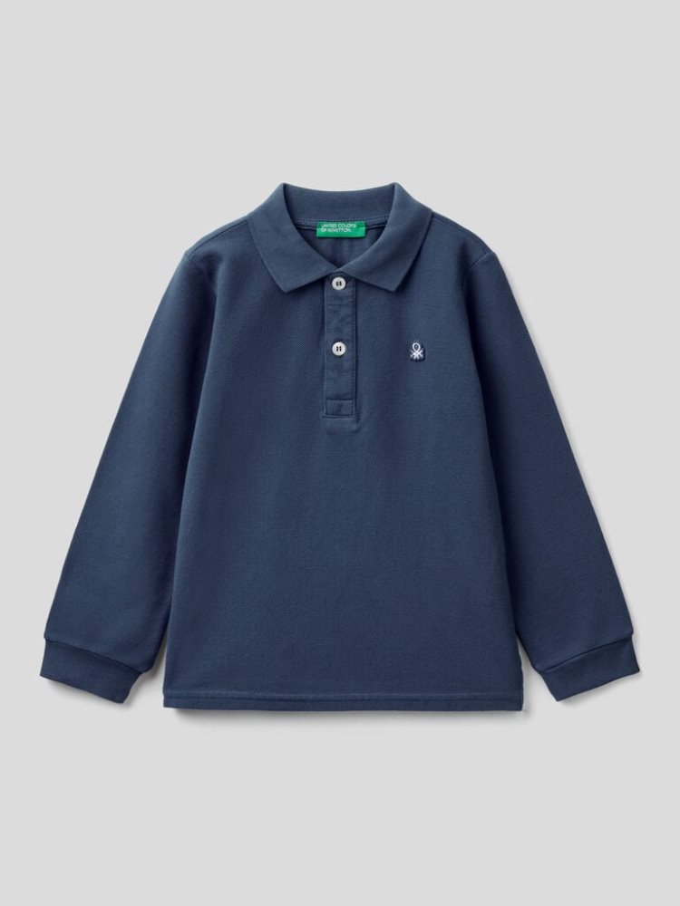 Dark Blue Kids\' Benetton Organic Cotton Long Sleeve Polo Shirts | AU043899