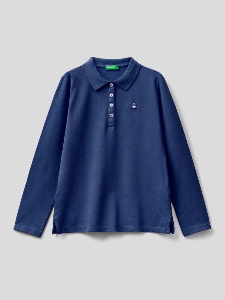 Dark Blue Kids\' Benetton Organic Cotton Long Sleeve Polo Shirts | AU610413