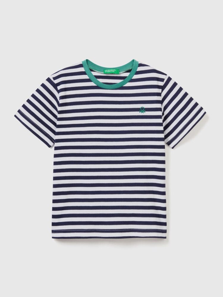 Dark Blue Kids\' Benetton Striped Cotton Short Sleeve T-shirts | AU157669