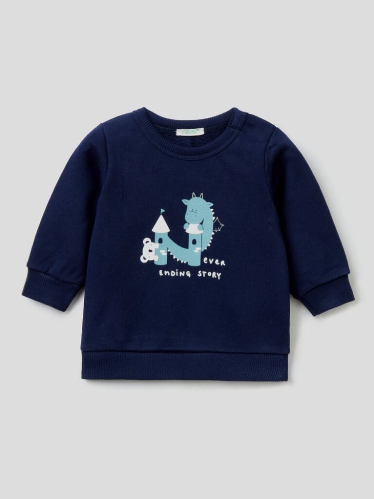 Dark Blue Kids\' Benetton Warm Organic Cotton Print Sweatshirt | AU460653