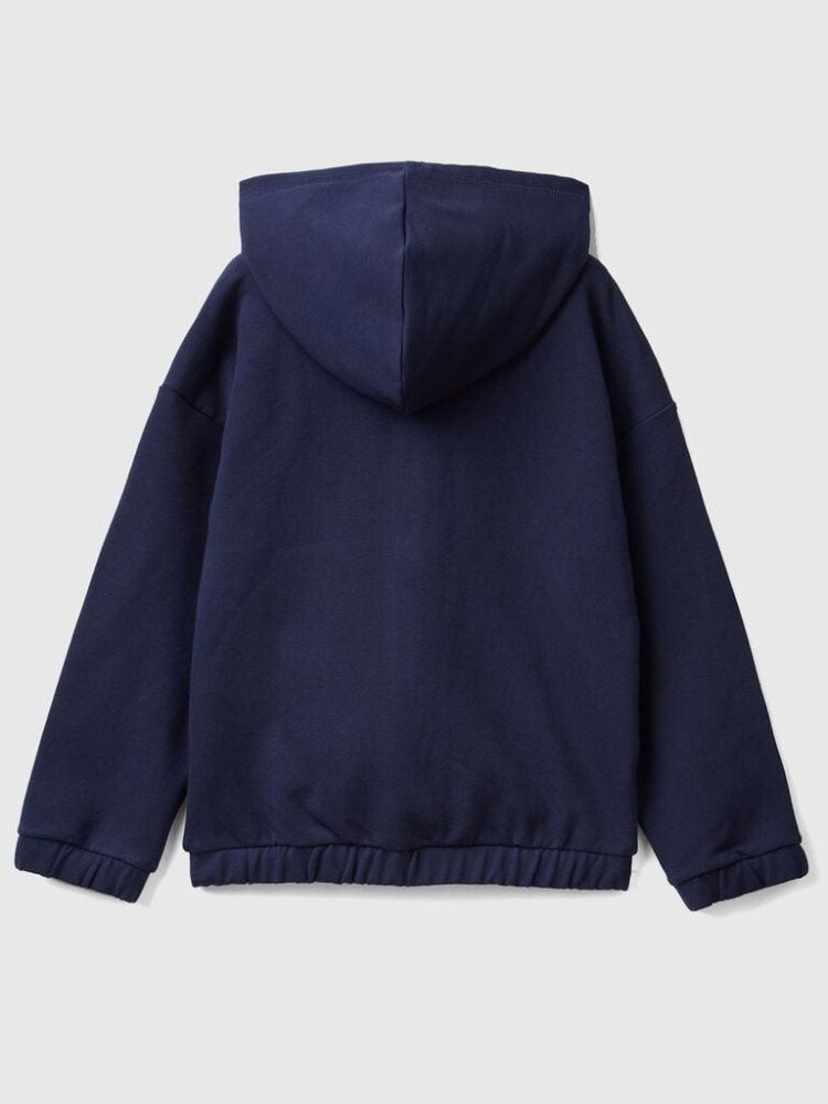 Dark Blue Kids' Benetton Zip And Embroidered Logo Hoodie | AU023733