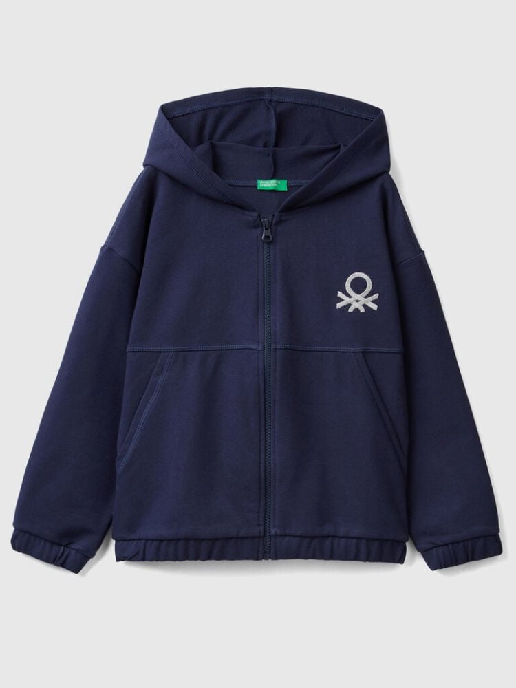 Dark Blue Kids\' Benetton Zip And Embroidered Logo Hoodie | AU023733