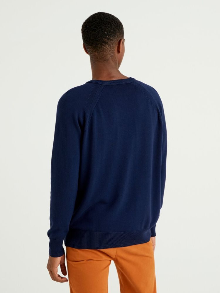 Dark Blue Men's Benetton 100% Cotton Crew Neck Sweaters | AU094062