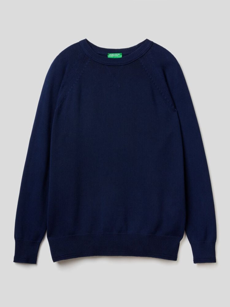 Dark Blue Men's Benetton 100% Cotton Crew Neck Sweaters | AU094062