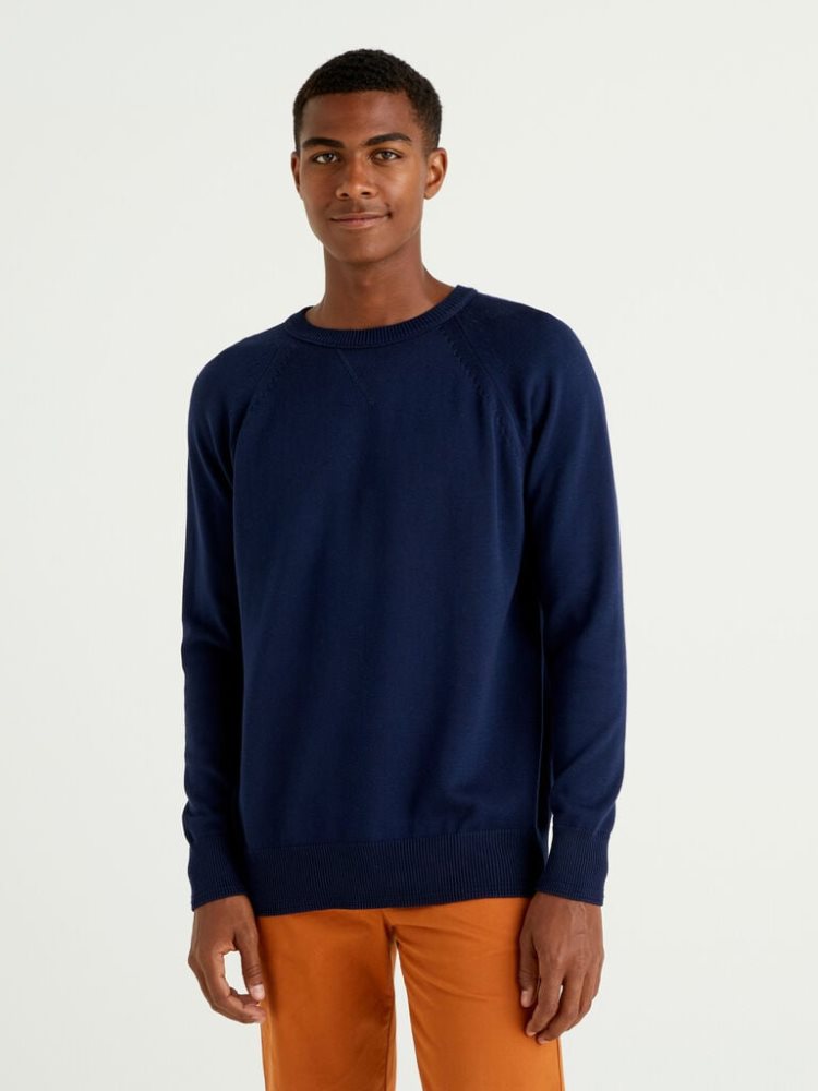 Dark Blue Men\'s Benetton 100% Cotton Crew Neck Sweaters | AU094062