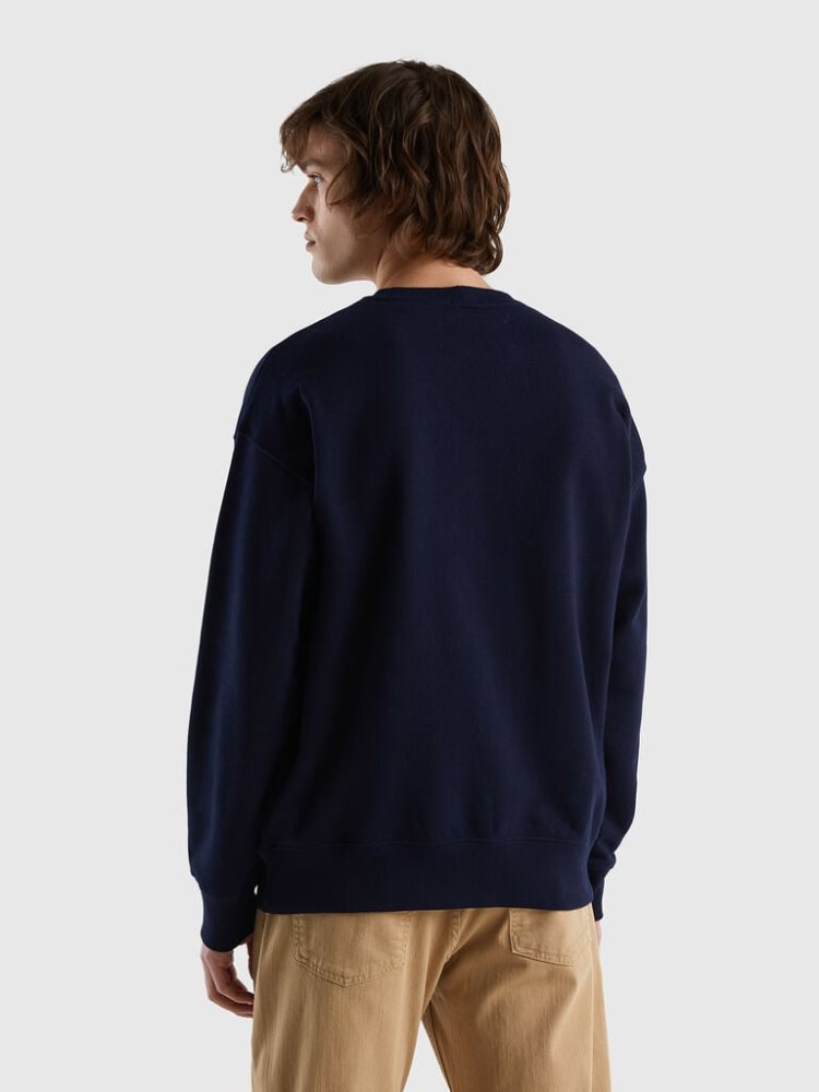 Dark Blue Men's Benetton 100% Cotton Pullover Sweatshirt | AU301826