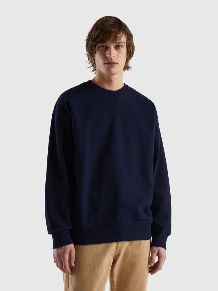 Dark Blue Men\'s Benetton 100% Cotton Pullover Sweatshirt | AU301826