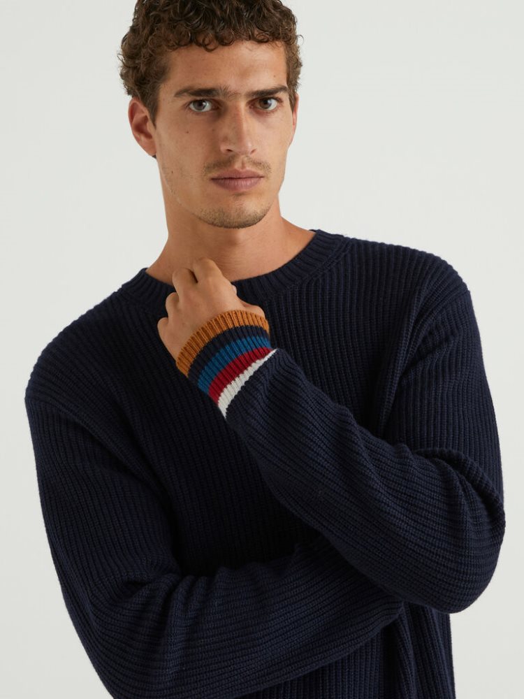 Dark Blue Men's Benetton Cashmere Blend Crew Neck Sweaters | AU713008