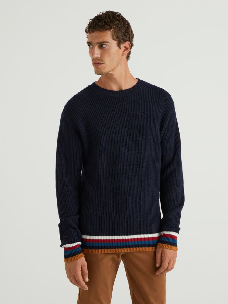 Dark Blue Men\'s Benetton Cashmere Blend Crew Neck Sweaters | AU713008