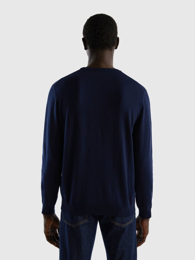 Dark Blue Men's Benetton Crew Neck 100% Cotton Sweaters | AU360852