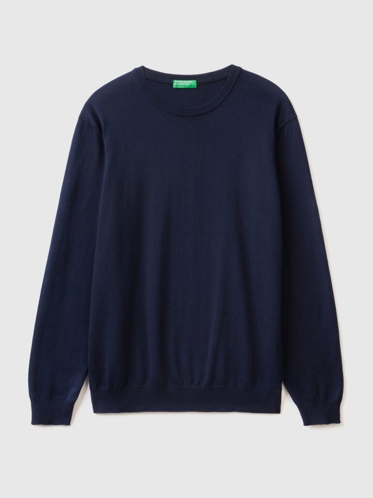 Dark Blue Men's Benetton Crew Neck 100% Cotton Sweaters | AU360852