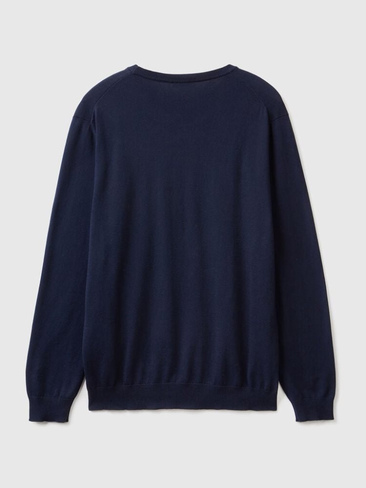 Dark Blue Men's Benetton Crew Neck 100% Cotton Sweaters | AU360852