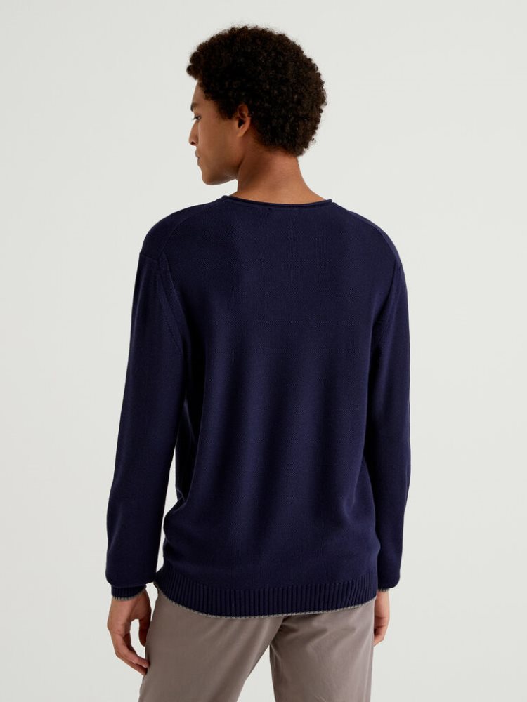 Dark Blue Men's Benetton Crew Neck Cotton Blend Sweaters | AU015916