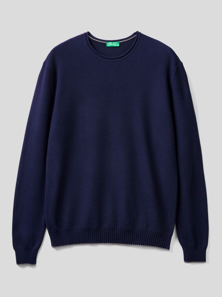 Dark Blue Men's Benetton Crew Neck Cotton Blend Sweaters | AU015916