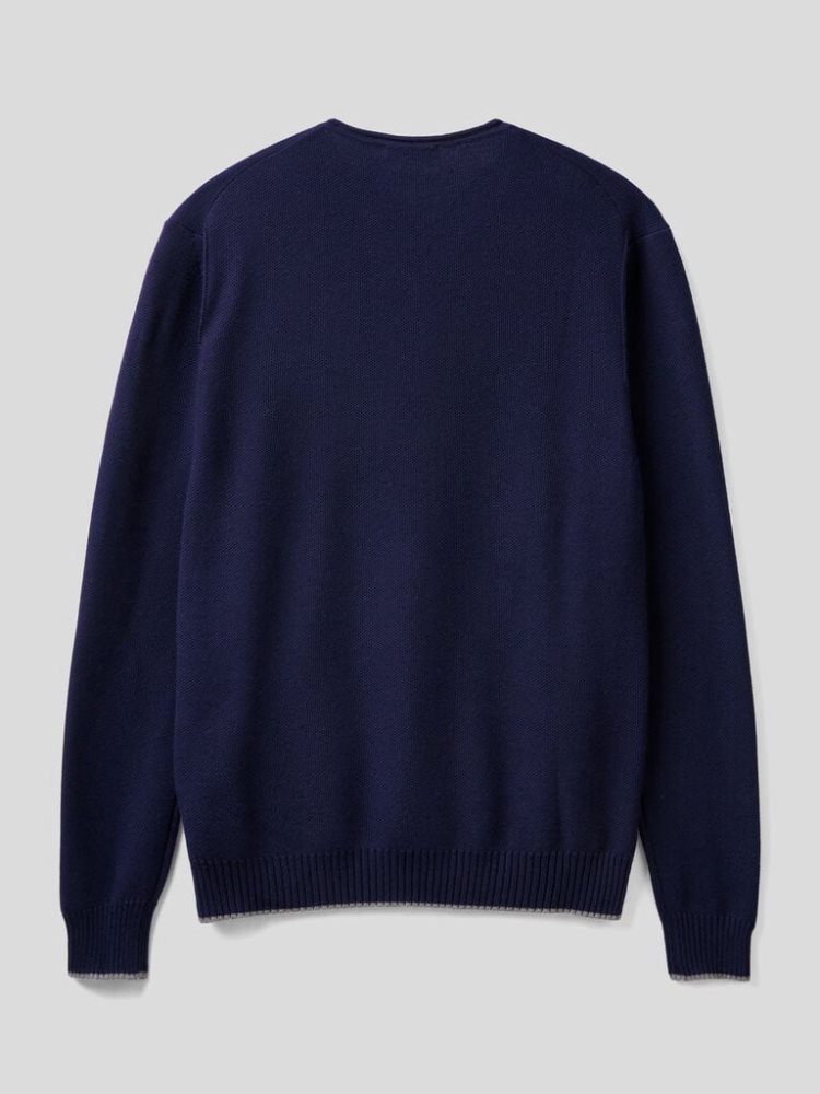 Dark Blue Men's Benetton Crew Neck Cotton Blend Sweaters | AU015916