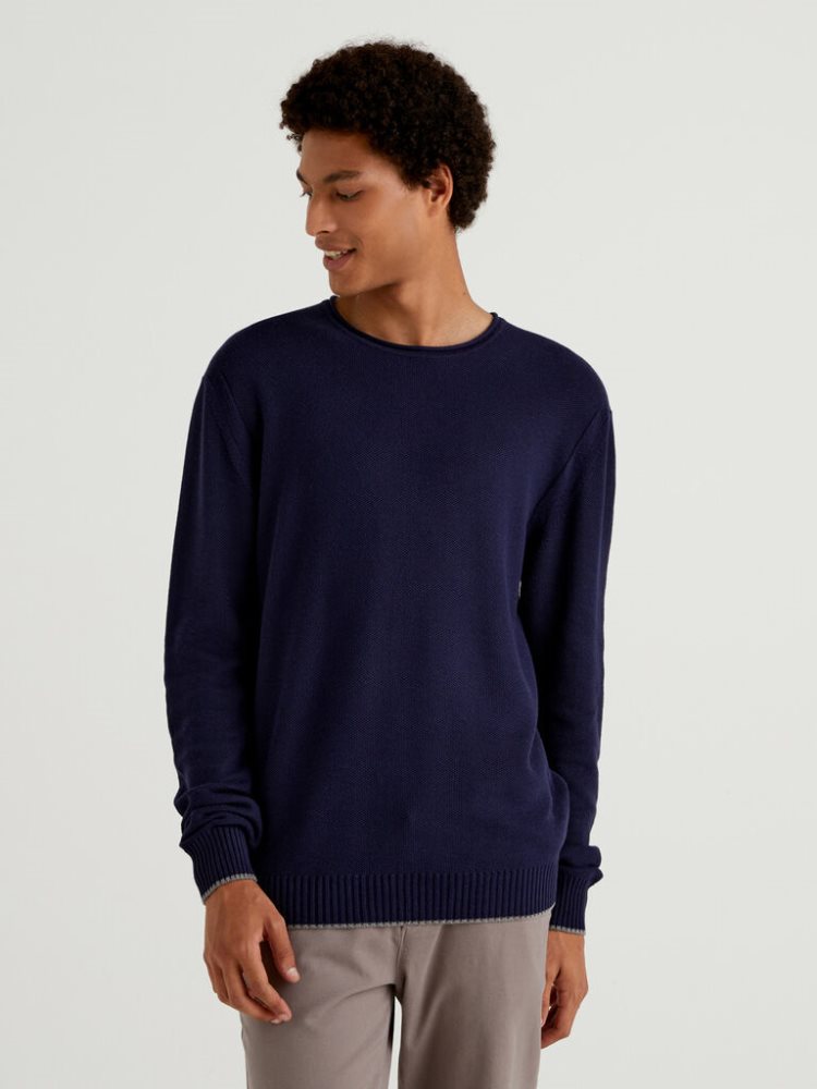 Dark Blue Men\'s Benetton Crew Neck Cotton Blend Sweaters | AU015916