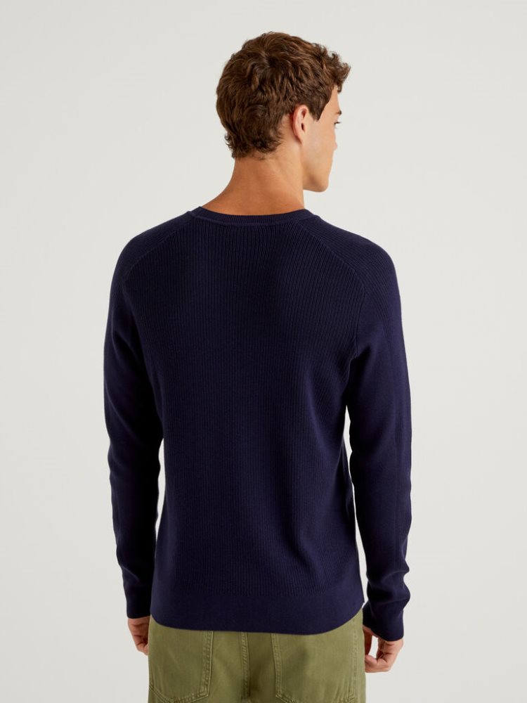 Dark Blue Men's Benetton Crew Neck Cotton Blend Sweaters | AU251941