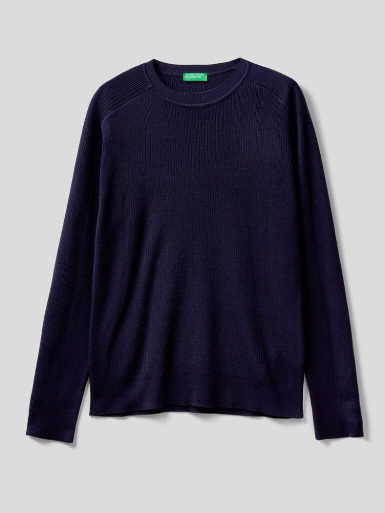 Dark Blue Men's Benetton Crew Neck Cotton Blend Sweaters | AU251941