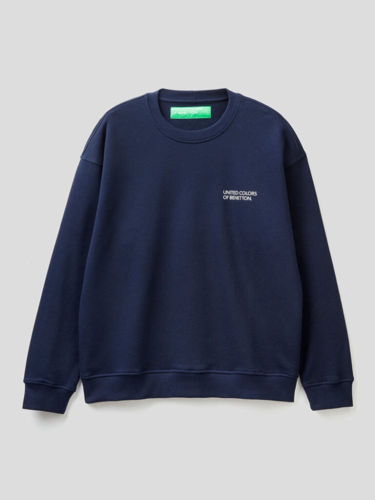 Dark Blue Men's Benetton Crew Neck Logo Print Sweatshirt | AU656512