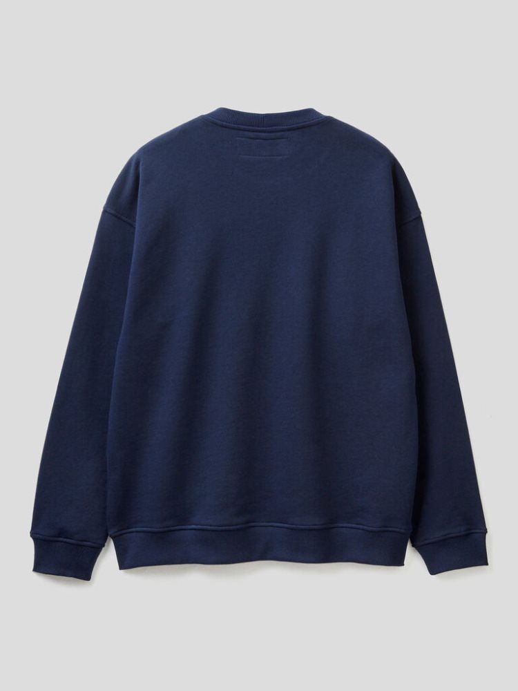 Dark Blue Men's Benetton Crew Neck Logo Print Sweatshirt | AU656512