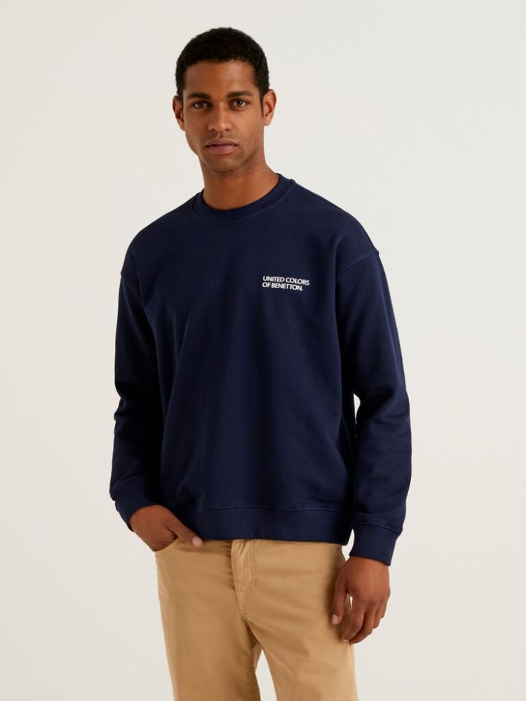 Dark Blue Men\'s Benetton Crew Neck Logo Print Sweatshirt | AU656512