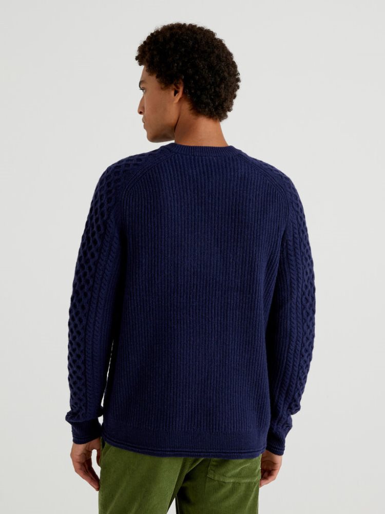 Dark Blue Men's Benetton Knit Wool Blend Crew Neck Sweaters | AU808936