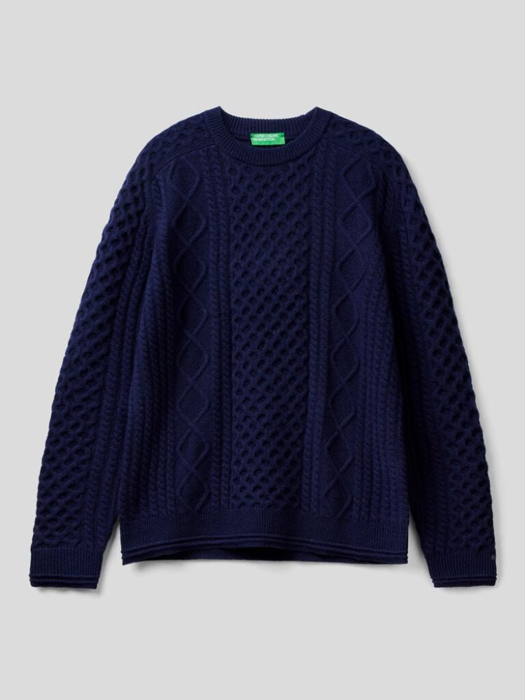 Dark Blue Men's Benetton Knit Wool Blend Crew Neck Sweaters | AU808936