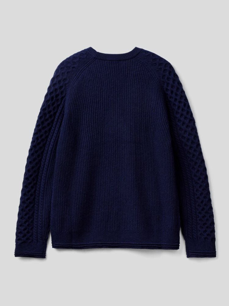 Dark Blue Men's Benetton Knit Wool Blend Crew Neck Sweaters | AU808936