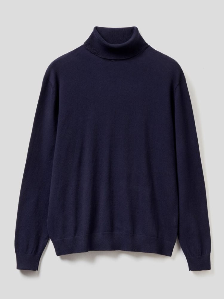 Dark Blue Men's Benetton Lightweight Cotton Blend Turtleneck High Neck Sweaters | AU491724