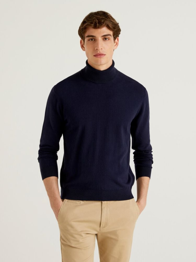 Dark Blue Men\'s Benetton Lightweight Cotton Blend Turtleneck High Neck Sweaters | AU491724