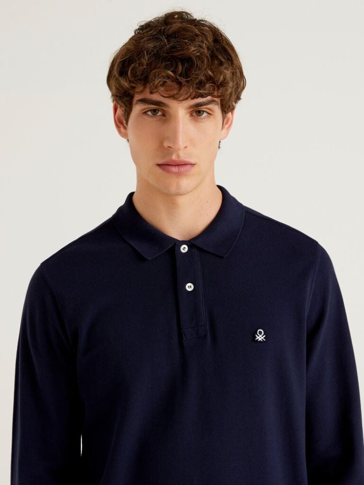 Dark Blue Men's Benetton Long Sleeve 100% Cotton Polo Shirts | AU113912