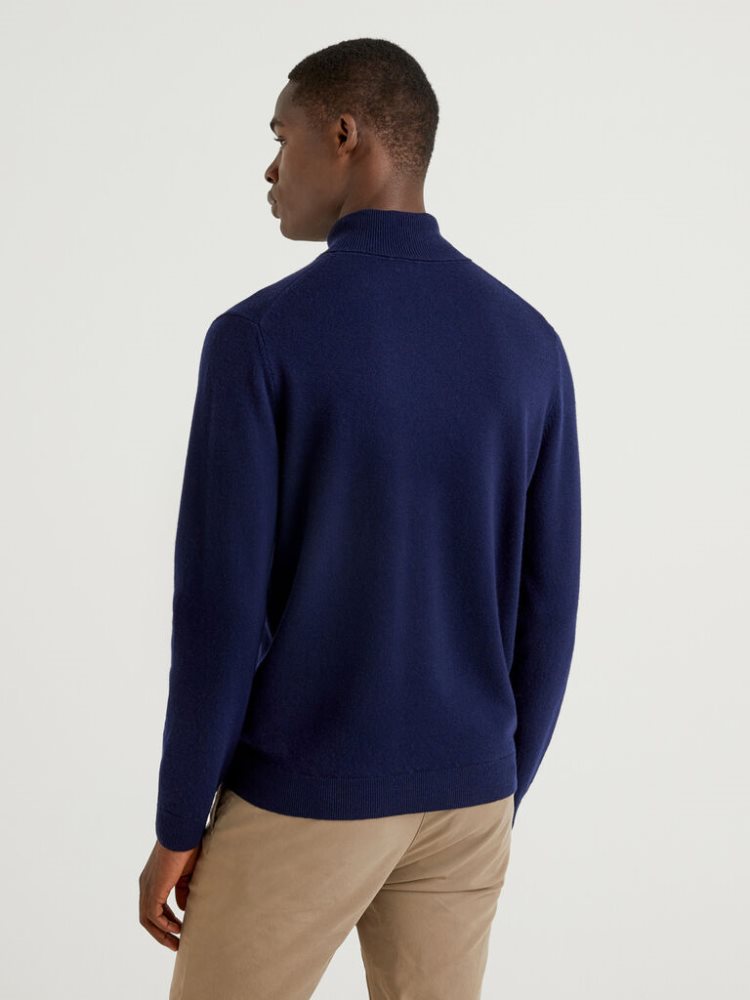 Dark Blue Men's Benetton Pure Merino Wool Turtleneck High Neck Sweaters | AU939286