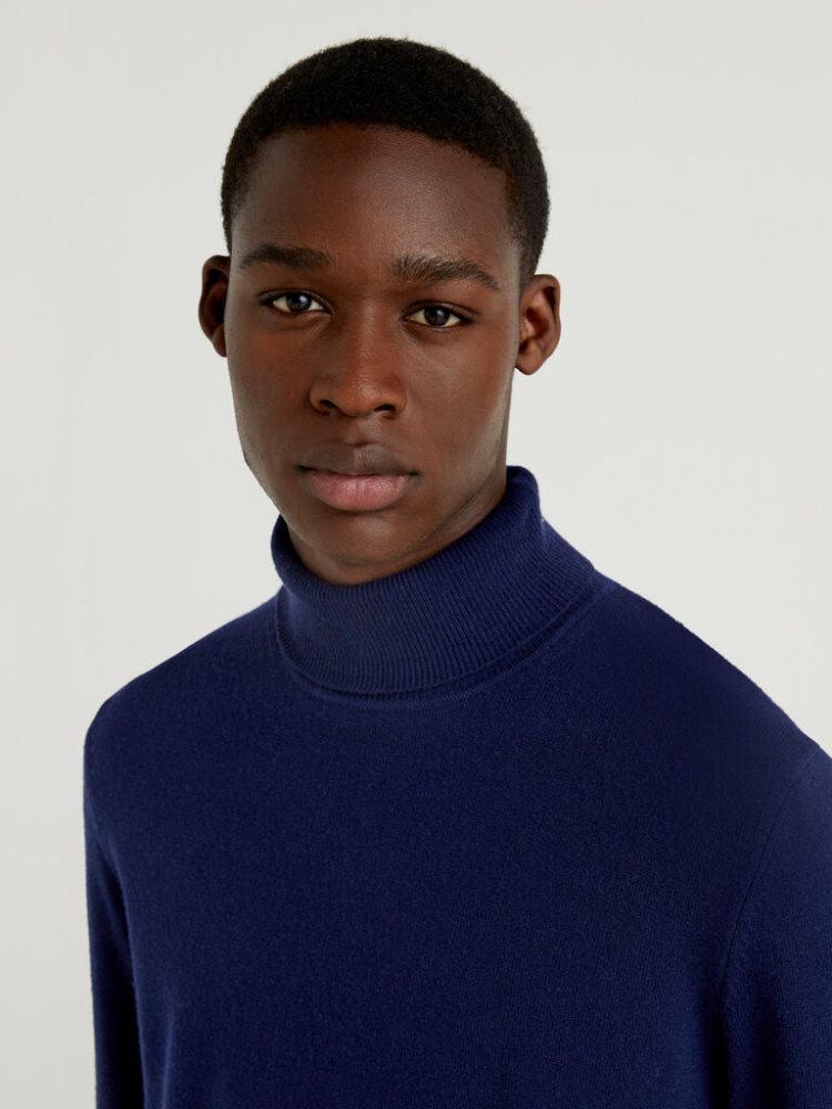 Dark Blue Men's Benetton Pure Merino Wool Turtleneck High Neck Sweaters | AU939286