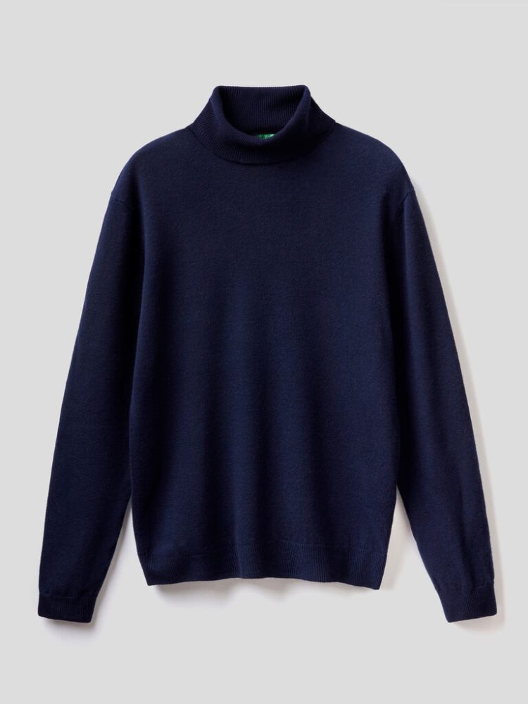 Dark Blue Men's Benetton Pure Merino Wool Turtleneck High Neck Sweaters | AU939286