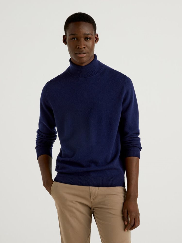 Dark Blue Men\'s Benetton Pure Merino Wool Turtleneck High Neck Sweaters | AU939286