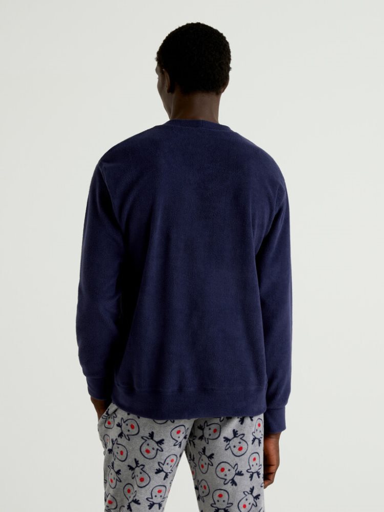 Dark Blue Men's Benetton Reindeer Print Fleece Tops | AU986119