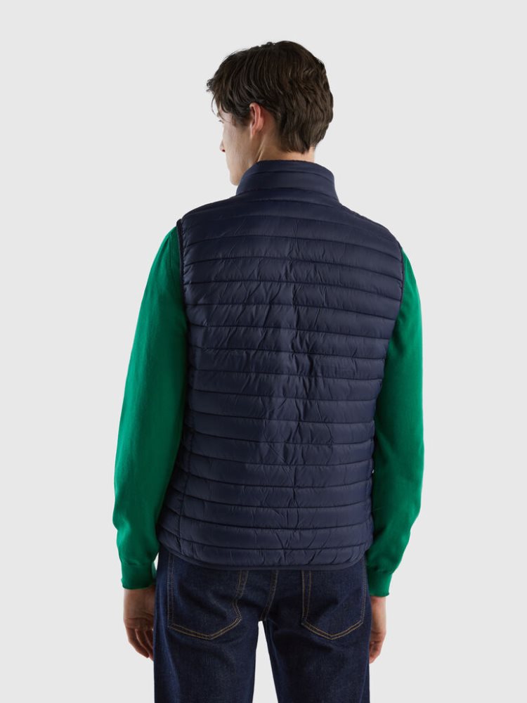 Dark Blue Men's Benetton Sleeveless Puffer Recycled Wadding Vest | AU330723