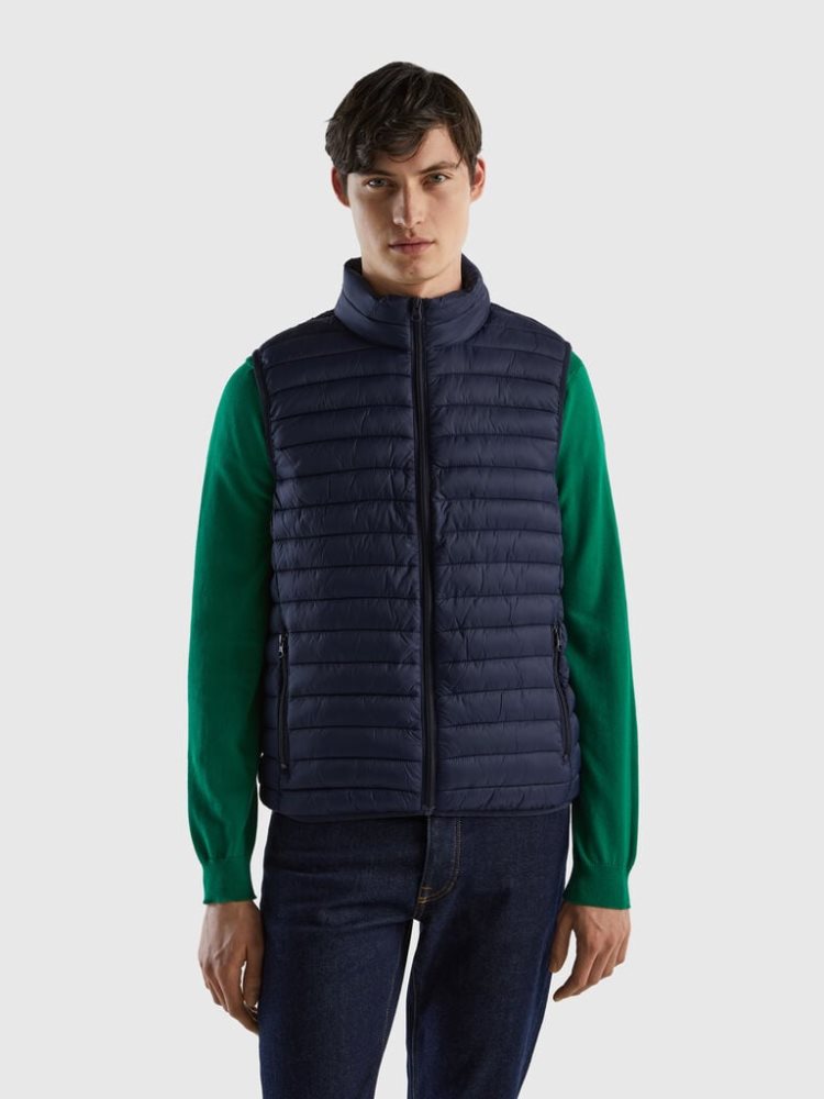 Dark Blue Men\'s Benetton Sleeveless Puffer Recycled Wadding Vest | AU330723