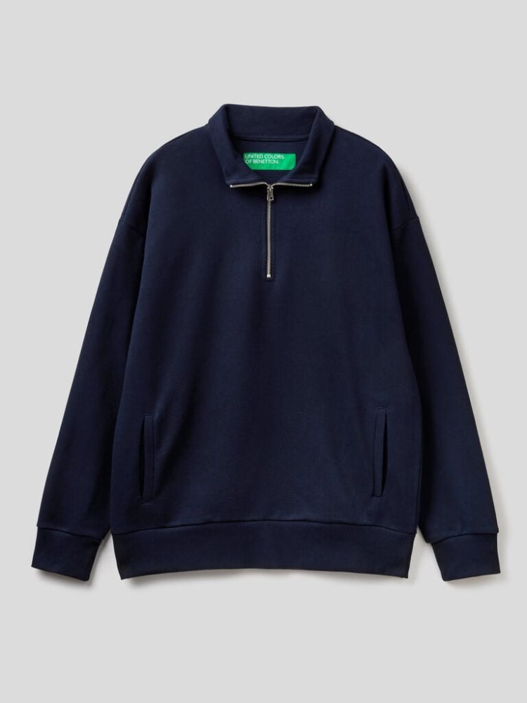 Dark Blue Men's Benetton Warm High Neck Zip Sweatshirt | AU035180