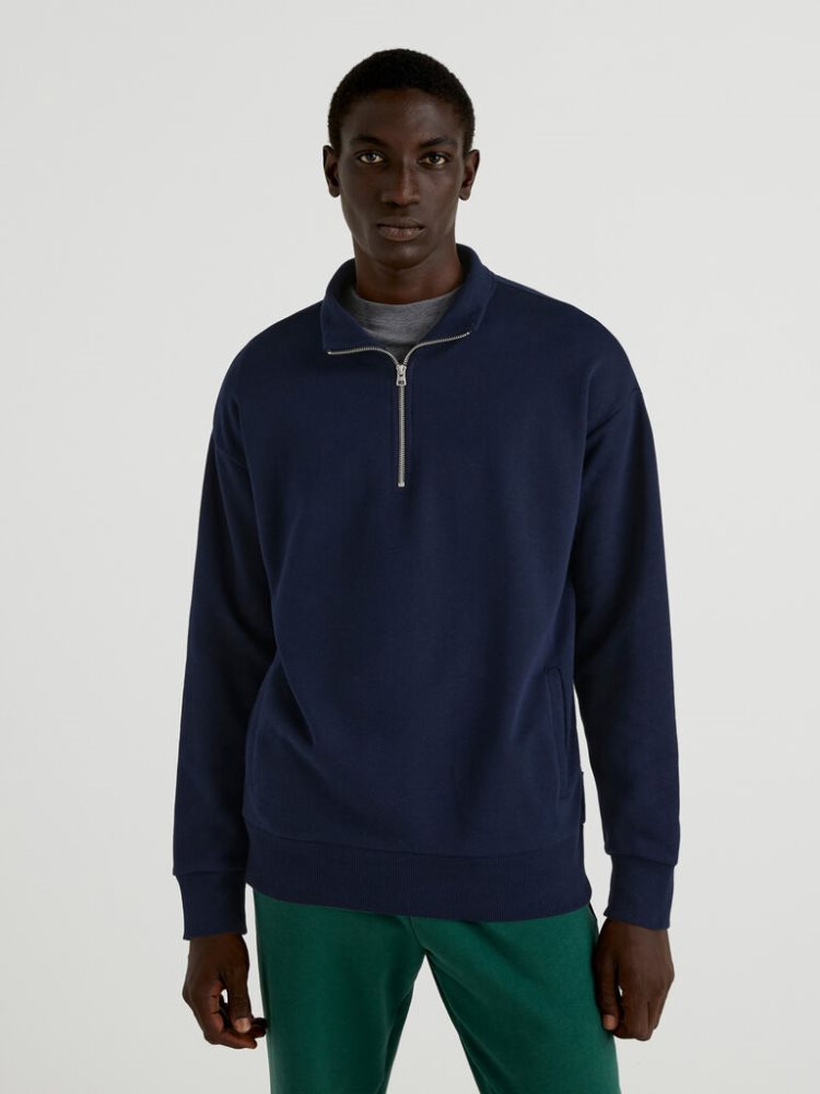 Dark Blue Men\'s Benetton Warm High Neck Zip Sweatshirt | AU035180