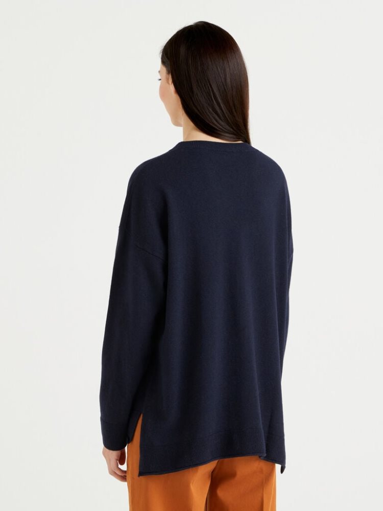 Dark Blue Women's Benetton Boxy Fit Cashmere Blend Crew Neck Sweaters | AU335153