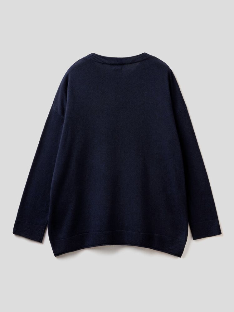 Dark Blue Women's Benetton Boxy Fit Cashmere Blend Crew Neck Sweaters | AU335153