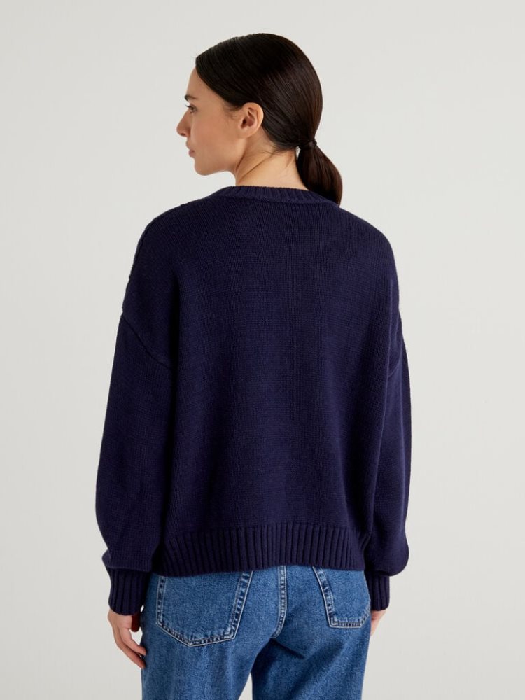 Dark Blue Women's Benetton Boxy Fit Knit Crew Neck Sweaters | AU279698