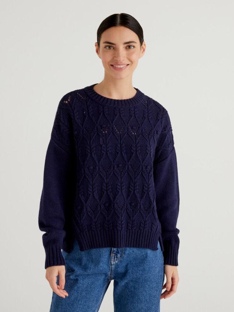 Dark Blue Women\'s Benetton Boxy Fit Knit Crew Neck Sweaters | AU279698