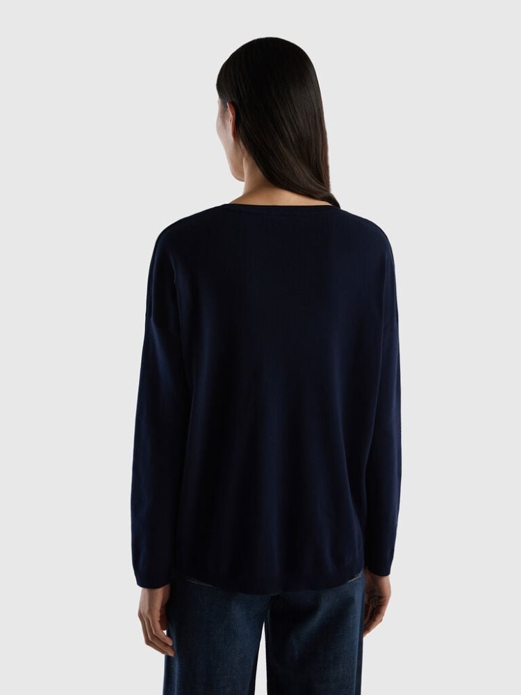 Dark Blue Women's Benetton Cotton Round Neck Sweaters | AU879601