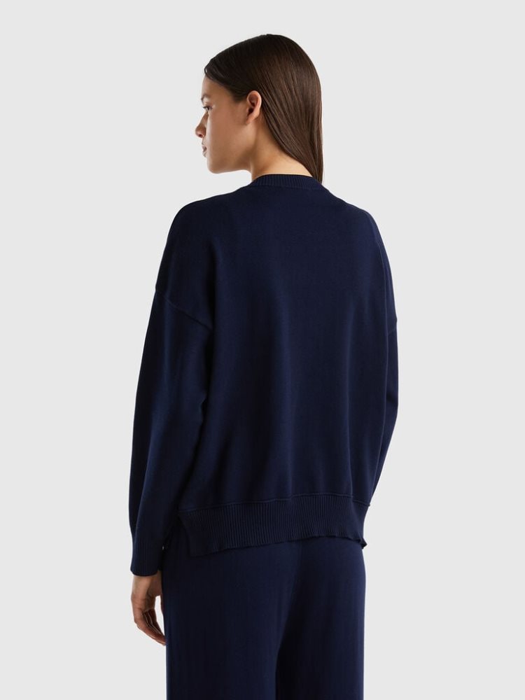 Dark Blue Women's Benetton Crew Neck Tricot Cotton Sweaters | AU423665